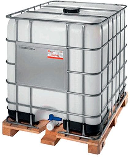 1000 liter IBC container tank mounted on wooden pallet