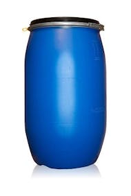 Bidon / Fût en plastique bleu de 120 litres avec cerclage métallique