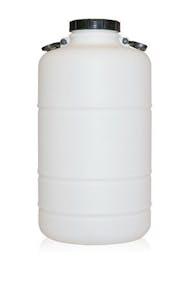 Garrafa plástica cilíndrica de 50 litros com alças e tampa de rosca de 130 mm
